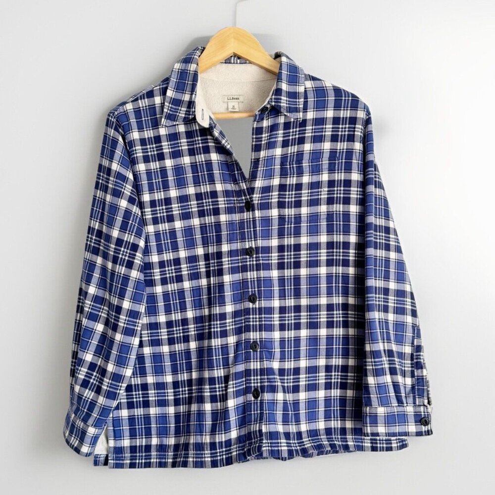 L.L. Bean Plaid Sherpa Shacket Women’s Medium Petite Blue Cabincore Country